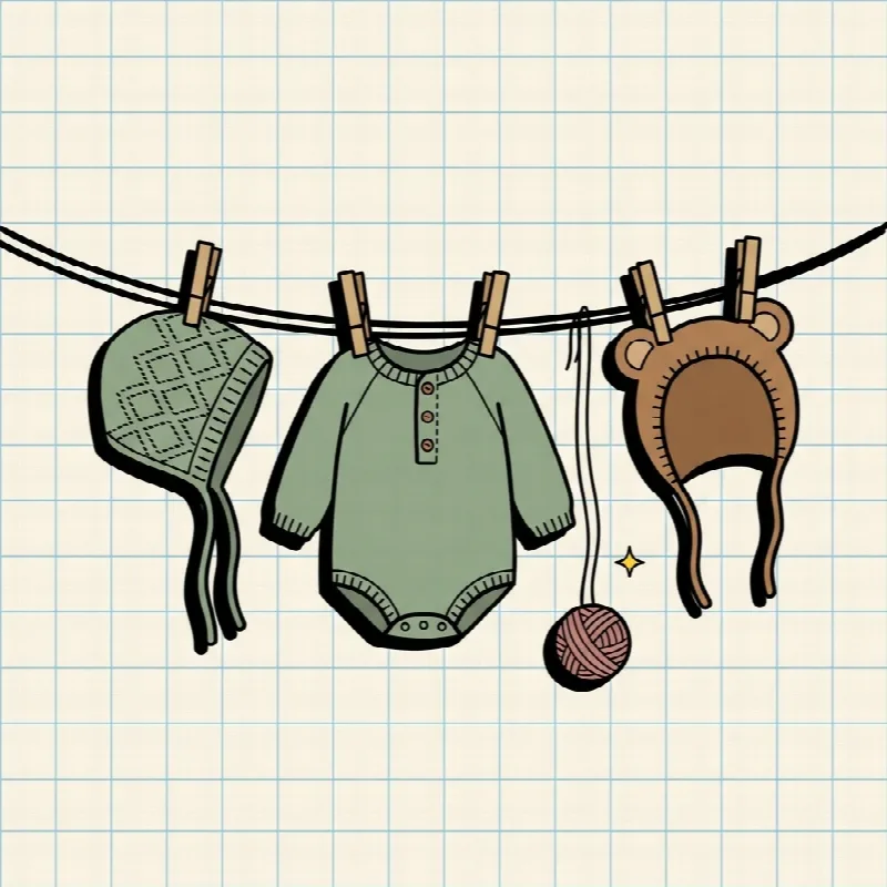 Wäscheleine mit handgestrickter Babykleidung der Maschenbande: Mosaikmützchen, Perlbody und Teddyhaube