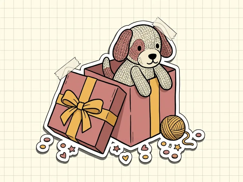 Illustration: gestrickter Hund schaut aus Geschenkbox – Geschenke für Hundebesitzer