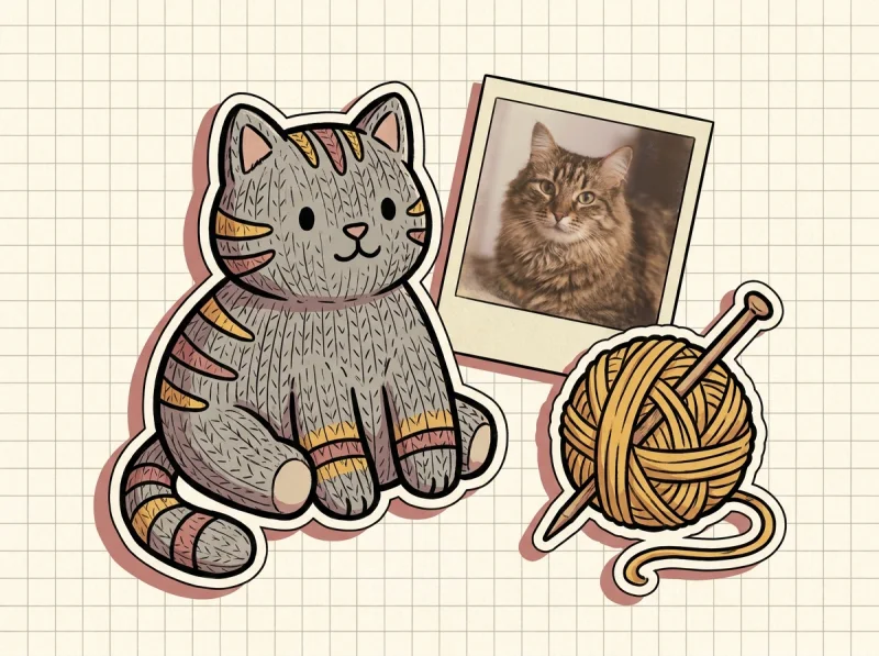 Illustration: gestrickte Katze neben Polaroid einer echten Katze – Katze als Kuscheltier