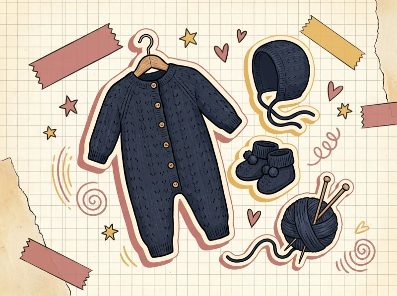 Illustration: handgestrickter nachtblauer Baby-Strampler mit Häubchen – Taufoutfit fürs Baby