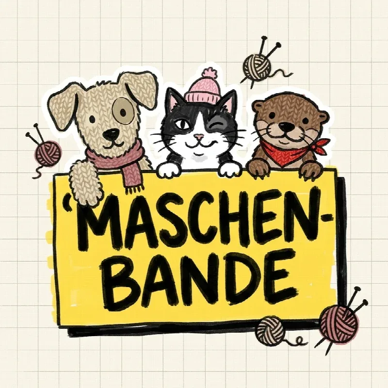 Maschenbande-Logo: gestrickter Hund, zwinkernde Katze und Otter lugen über den gelben Schriftzug