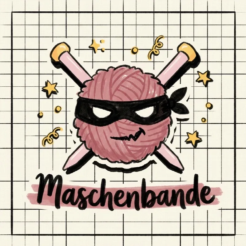 Maschenbande-Sticker: Wollknäuel mit Räubermaske und gekreuzten Stricknadeln