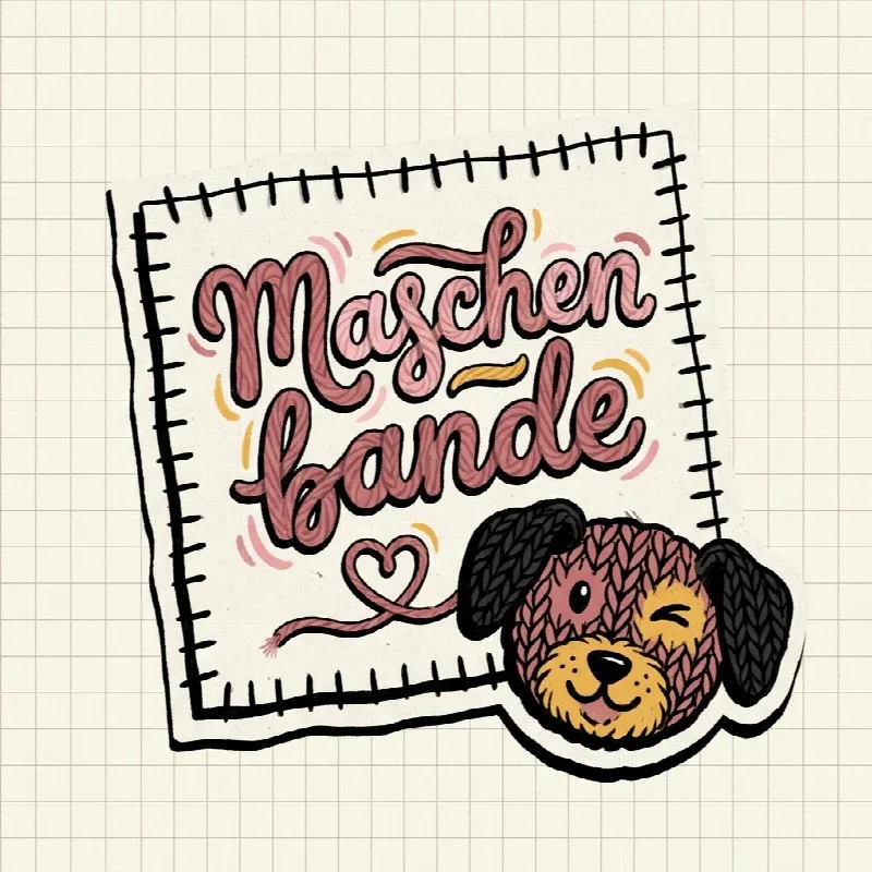 Aufgenähter Maschenbande-Stoffpatch mit Garn-Schriftzug und zwinkerndem Strickhund