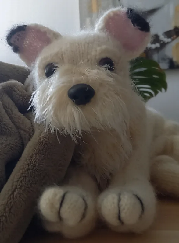 Kleiner brauner gestrickter Hund nach Foto