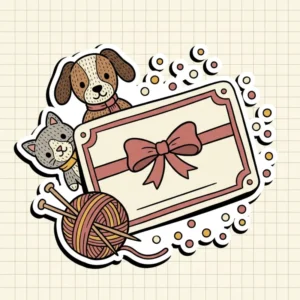 Illustration: Maschenbande-Geschenkgutschein mit gestrickten Tieren und Schleife