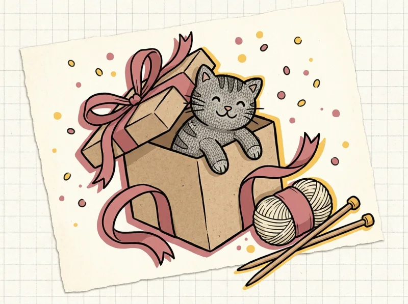 Illustration: gestrickte Katze schaut aus einer Geschenkbox mit Schleife – Geschenke für Katzenbesitzer