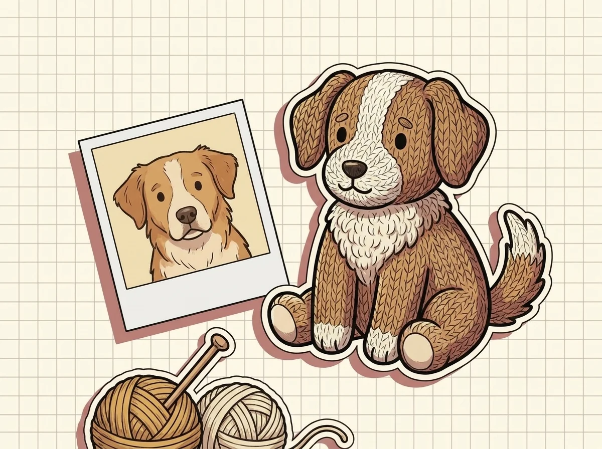 Illustration: gestrickter Hund neben Polaroid eines echten Hundes - Hund als Kuscheltier
