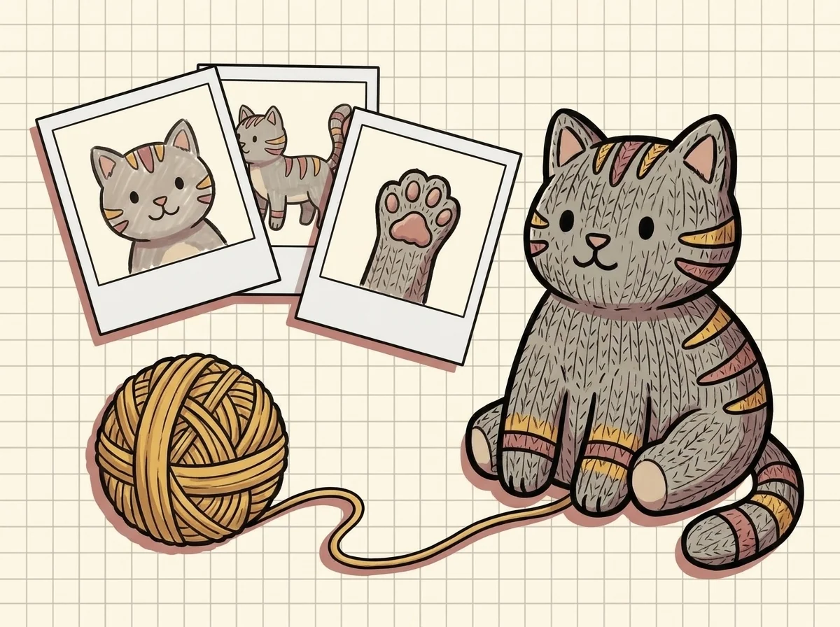 Illustration: drei Polaroid-Fotos eines Tieres und das daraus gestrickte Kuscheltier