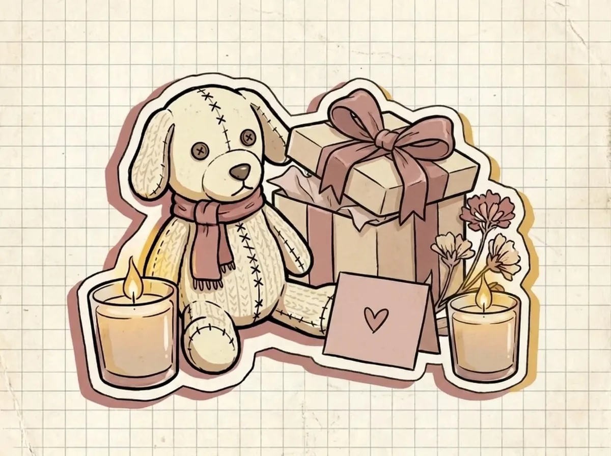 Illustration: gestrickter Hund neben Geschenkbox, Trauerkarte und Kerze